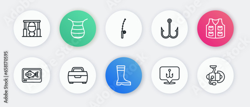 Set line Fishing boots, jacket, finder echo sounder, hook, rod, Spinning reel for fishing and Case box equipment icon. Vector