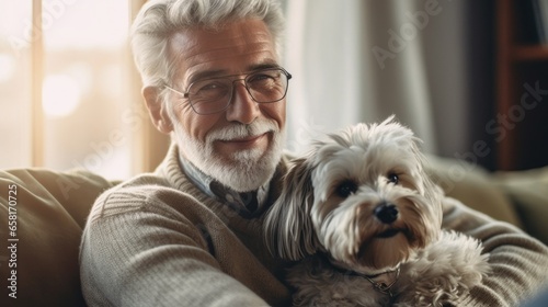 In the cozy, sun-filled room at home, a senior man and his dog share a heartwarming smile.