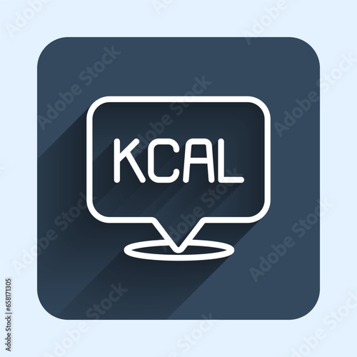 White line Kcal icon isolated on isolated with long shadow background. Health food. Blue square button. Vector