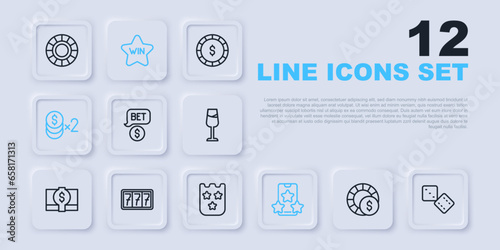 Set line Casino chips, Game dice, with dollar, Online sports betting, Slot machine jackpot, win and Lottery ticket icon. Vector