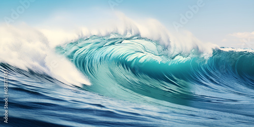 White Wave Breaks Through Blue Seas Background. Dynamic White Wave on Blue Seas.Generative Ai © fahad