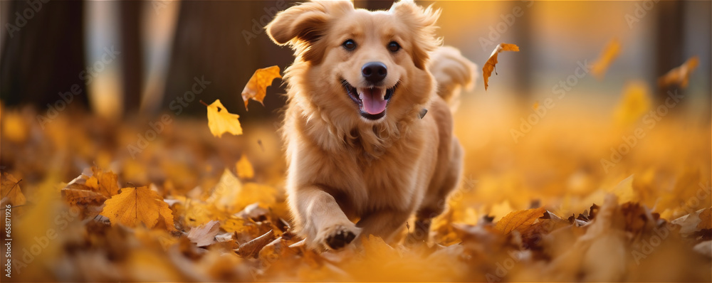 Young cute dog running on yellow fallen leaves in autumn banner