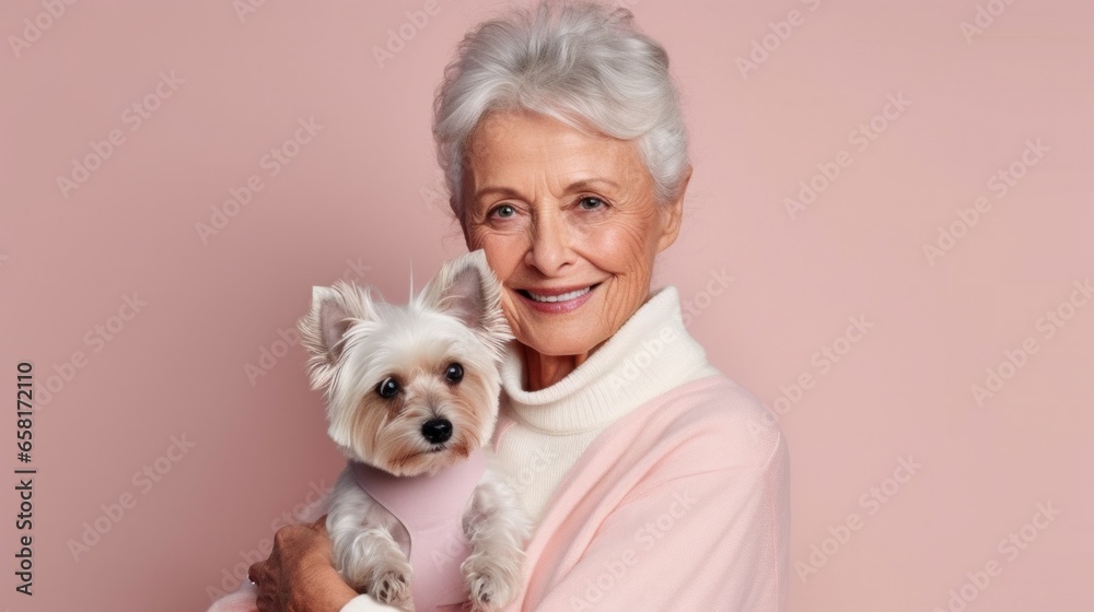 A joyful elderly lady grinning alongside her furry friend in a well-lit studio. A joyful elderly lady grinning alongside her furry friend in a well-lit studio.