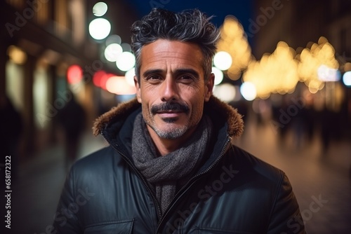 Portrait of a handsome middle-aged man in the city at night