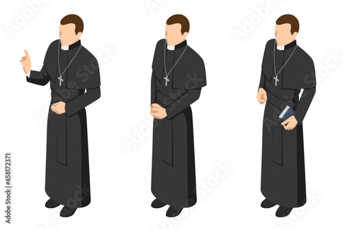 Isometric Catholic Priest in vestment isolated on white background. Pastor, religious people