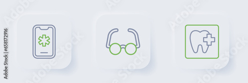 Set line Dental clinic location, Glasses and Emergency call 911 icon. Vector