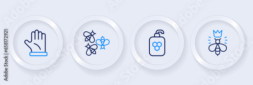 Set line Queen bee, Cosmetic tube with honey, Bees and Beekeeper glove icon. Vector