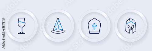 Set line Roman army helmet, Pope hat, Slice of pizza and Wine glass icon. Vector