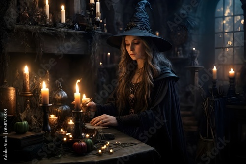 A woman / Witch in a fedora hat burns a candle with belief. Dark and harsh lighting