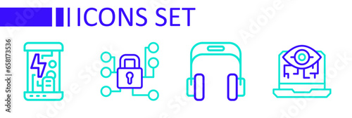 Set line Computer vision, Headphones, Cyber security and Cryogenic capsules icon. Vector