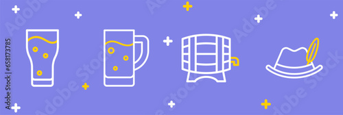 Set line Oktoberfest hat, Wooden barrel on rack, Glass of beer and icon. Vector