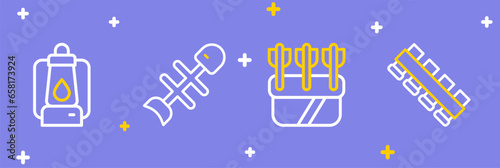 Set line Hunting cartridge belt, Quiver with arrows, Dead fish and Camping lantern icon. Vector