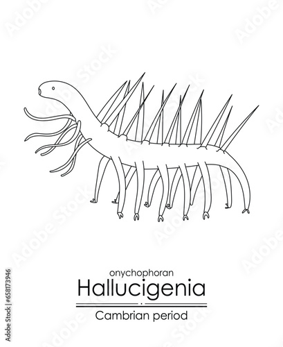 Hallucigenia, a Cambrian period creature, black and white line art illustration. Ideal for both coloring and educational purposes