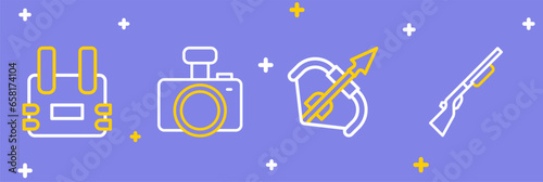 Set line Hunting gun, Medieval bow and arrow, Photo camera and Bulletproof vest icon. Vector