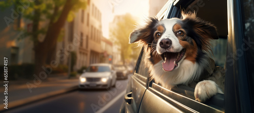 Funny cute dog peeking from car window while on the road. Puppy sitting in car ready for a vacation trip. Travelling with pets.