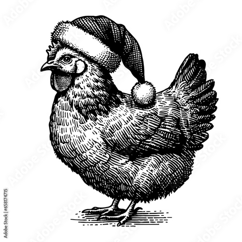 hen wearing a Santa Claus hat Christmas sketch