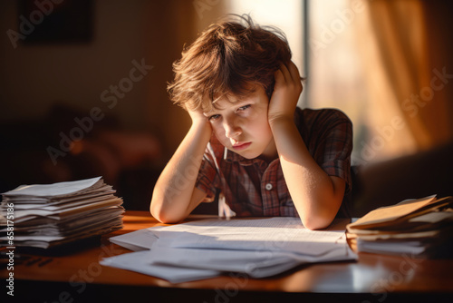 Sad tired schoolboy doing homework. Little child struggling with his assignment. Education, school, learning difficulties concept. photo