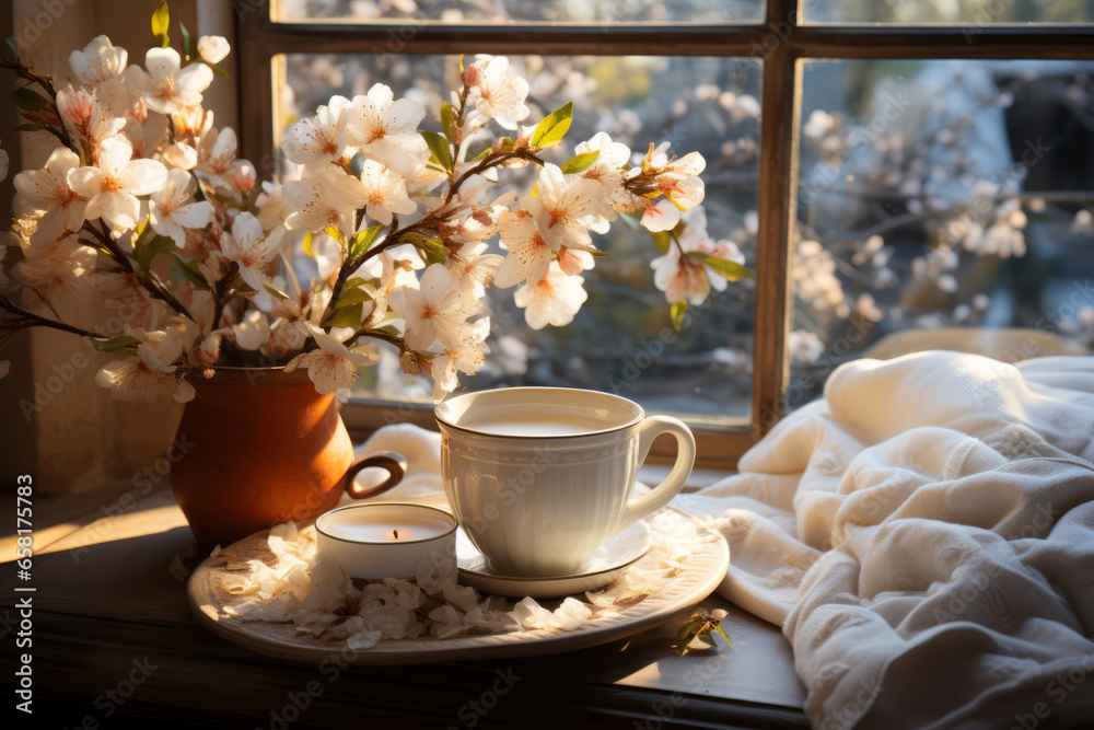 Cozy warm spring composition with cup of hot coffee or chocolate, cozy blanket and blossoming cherry branches on sunny spring day. Spring home decor. Easter. - obrazy, fototapety, plakaty 