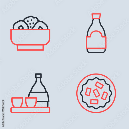 Set line Soy sauce bottle, Bottle of sake, Homemade pie and Chow mein on plate icon. Vector