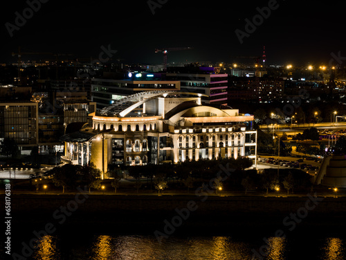 The National Theatre of Hungary at night in Budapest