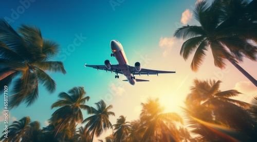 Tropical Paradise: Airplane Soaring Through Sunlit Palm Tree Landscape
