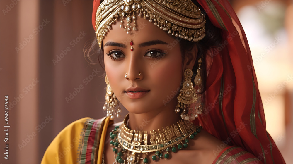 A Portrait picture of a young and attractive Rajasthani Princess wearing traditional jewelry in the indoors of a Palace in India..