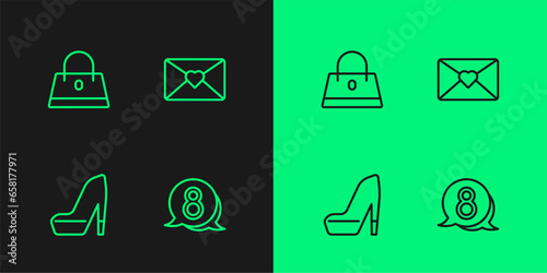 Set line 8 March in speech bubble, Woman shoe, Handbag and Envelope with icon. Vector