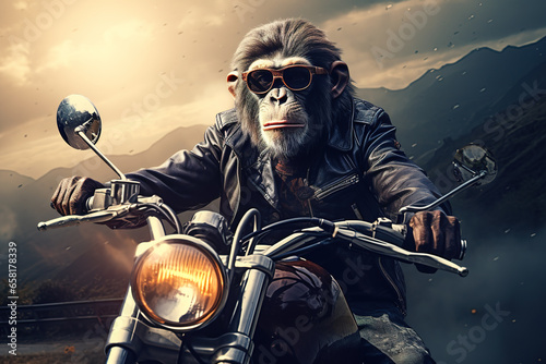 Fototapeta Image of cool chimpanz monkey wearing sunglasses is riding a chopper motorcycle. Animal., Illustration, Generative AI.