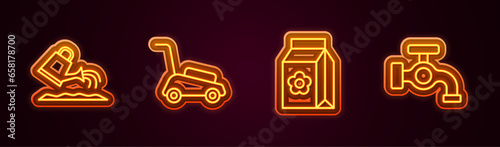Set line Watering can, Lawn mower, Pack full of seeds and tap. Glowing neon icon. Vector