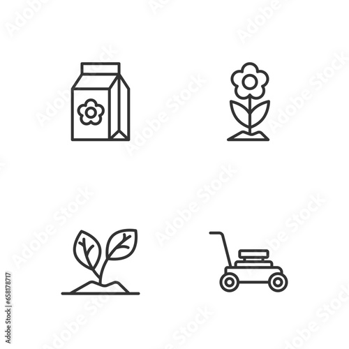 Set line Lawn mower, Sprout, Pack full of seeds and Flower icon. Vector