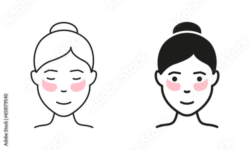 Face Anti-Aging Procedure, Girl Use Gel Patch Line and Silhouette Icon Set. Patches Under Eye Pictogram. Cosmetic Collagen Eye Patches Against Wrinkles Symbol Collection. Isolated Vector Illustration