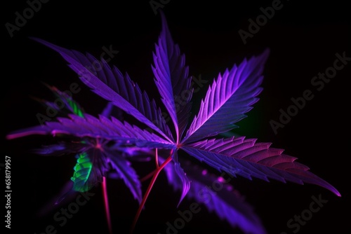 A neon marijuana leaf against a black backdrop, emitting purple light. Emphasizing medicinal hemp and its new perspective. Generative AI