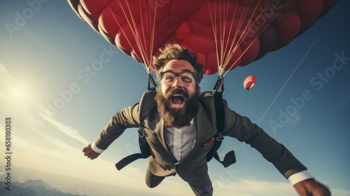 Conceptual image of businessman flying with parachute on back. photo