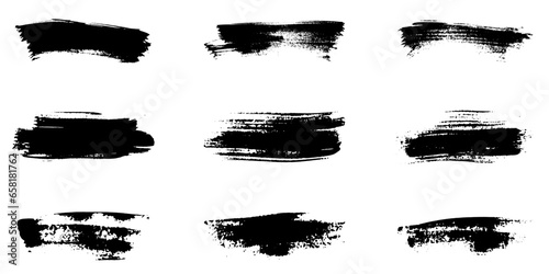 Grunge Paint Brush Texture. Brushstroke Graphic Element Collection. Line Paintbrush Stroke. Grungy Black Abstract Background. Dirty Ink Banner Set. Isolated Vector Illustration