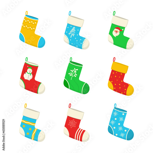 Stickers, clipart for Xmas. Various traditional colorful and ornate holiday stockings or Christmas socks collection. Cartoon New Year design. Hanging holiday decorations for gifts. Vector illustration