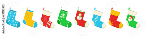 Various traditional colorful and ornate holiday stockings or Christmas socks collection. Cartoon New Year design. Stickers, clipart for xmas. Hanging holiday decorations for gifts. Vector illustration