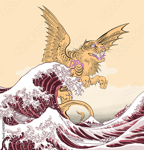 Tiger with wings flying in the clouds. Sea wave. Ancient Asian print. Digital art. Hand drawn. Colorful illustration. Poster. 