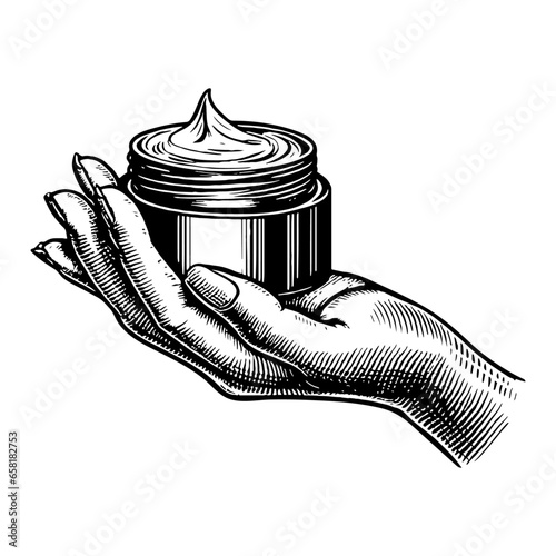 hand holding a cosmetics cream jar sketch