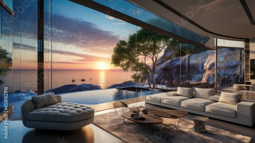 Luxury villa with terrace and floor-to-ceiling panoramic window with amazing sea view. Generative AI