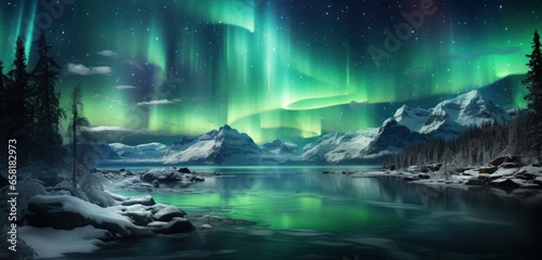 Northern Lights in the night sky background. Generative AI © Ilugram