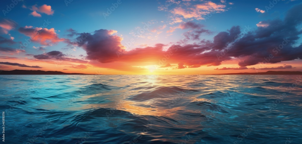 Sunset over a calm ocean background. Generative AI