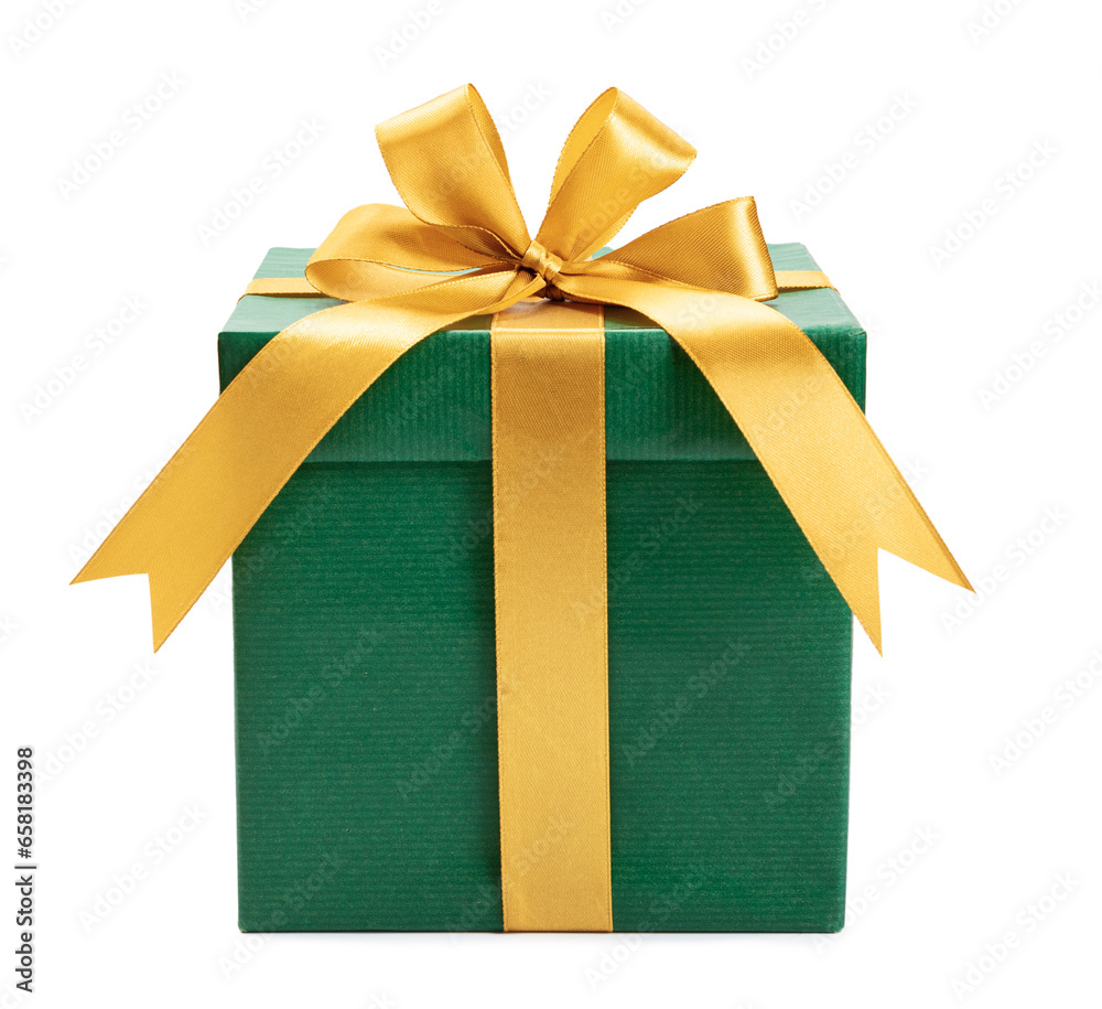 green gift box wrapped with gold bow and ribbon isolated on white background