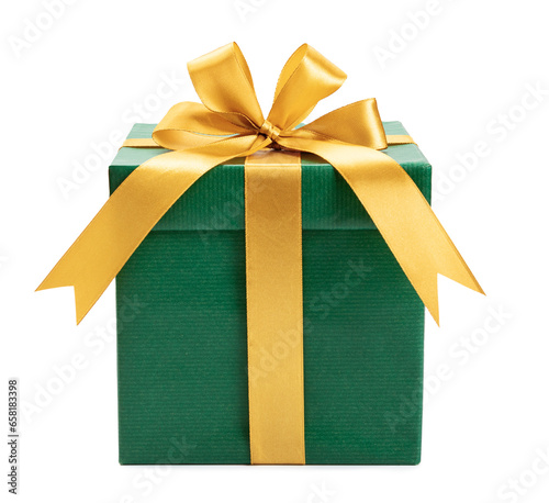 Obraz na płótnie green gift box wrapped with gold bow and ribbon isolated on white background w salonie