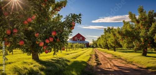 Farmhouse style orchard with apple trees. Generative AI