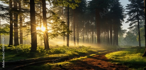Forest with morning mist background. Generative AI © Ilugram