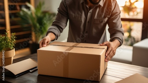 Happy young man opening a parcel at home. Generative AI © Ilugram