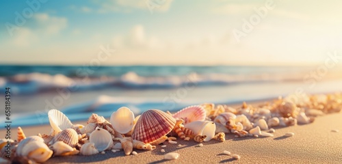 Seashells scattered on a sandy beach background. Generative AI