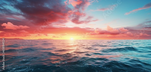 Sunset over a calm ocean background. Generative AI