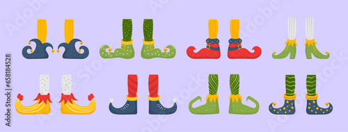 Christmas elf feet and legs set, decoration for celebration. Christmas gnome bundle. Collection of cute elves legs, boots, socks. Santa helpers shoes and pants with gifts, presents. Vector.