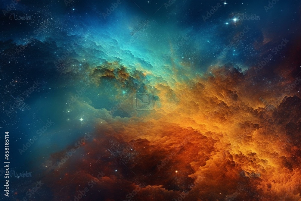A digital depiction of cosmic scenery showcasing a dazzling orange and blue nebula amidst twinkling stars, against a vibrant orange and blue backdrop. Generative AI